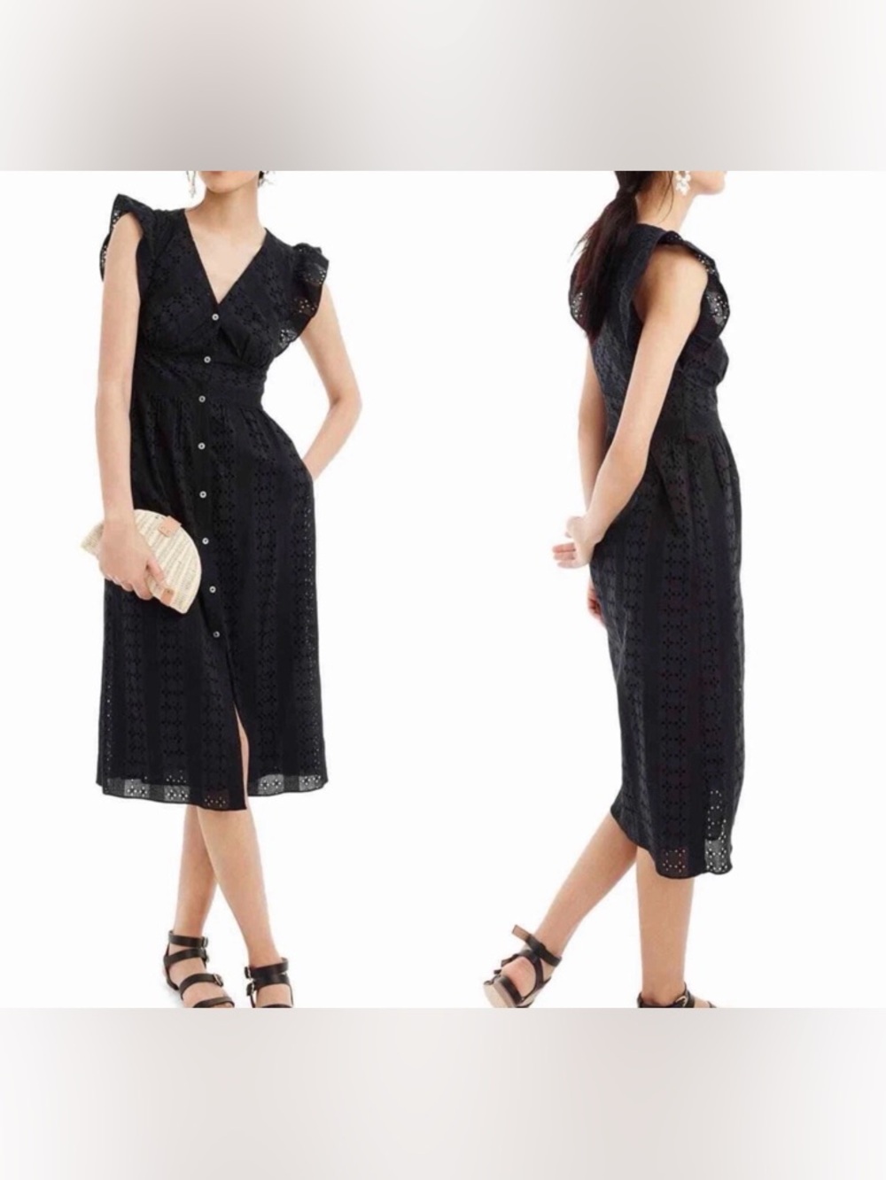 J.Crew Women’s Black Eyelet Midi Button Up Ruffle Sleeve Dress Size 8 - Picture 9 of 10